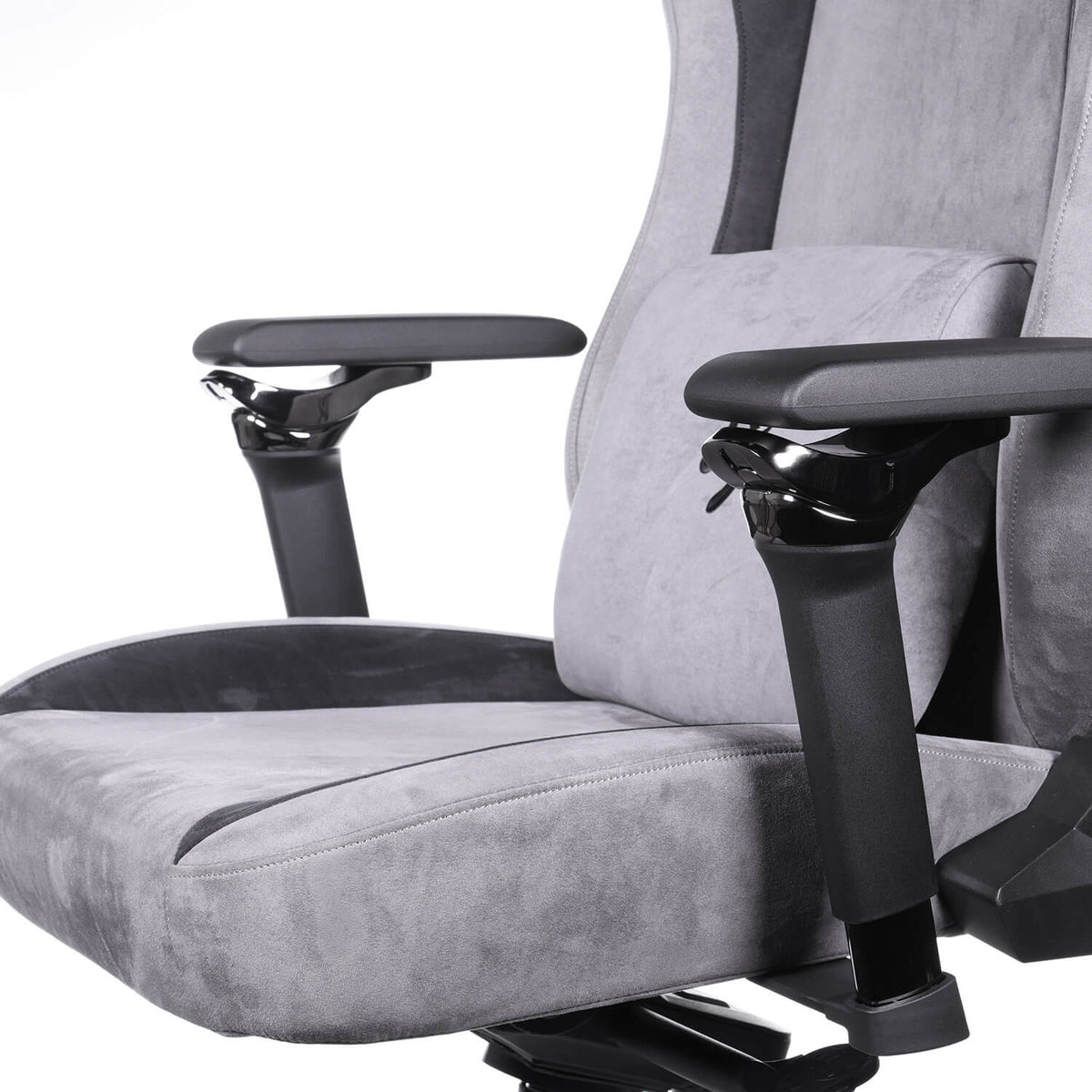 Arozzi Europe Infinity Armrests gray chair with ergonomic armrests and lumbar support cushion.