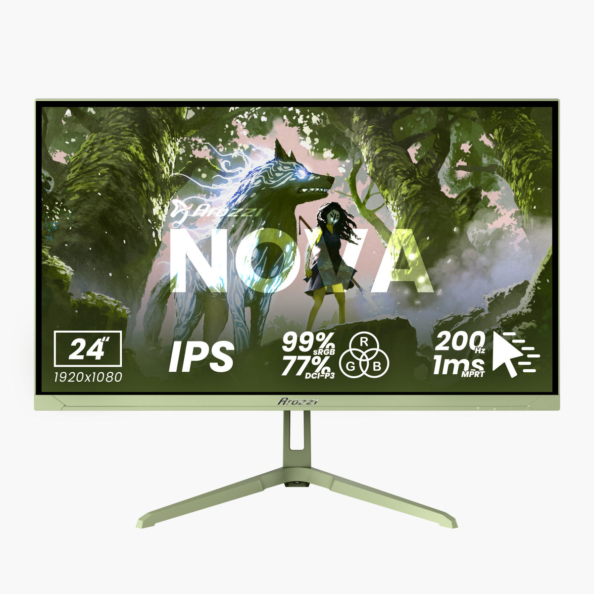 Arozzi Europe Nova 24″ IPS Gaming Monitor, 200Hz, 1ms, vibrant fantasy art display.