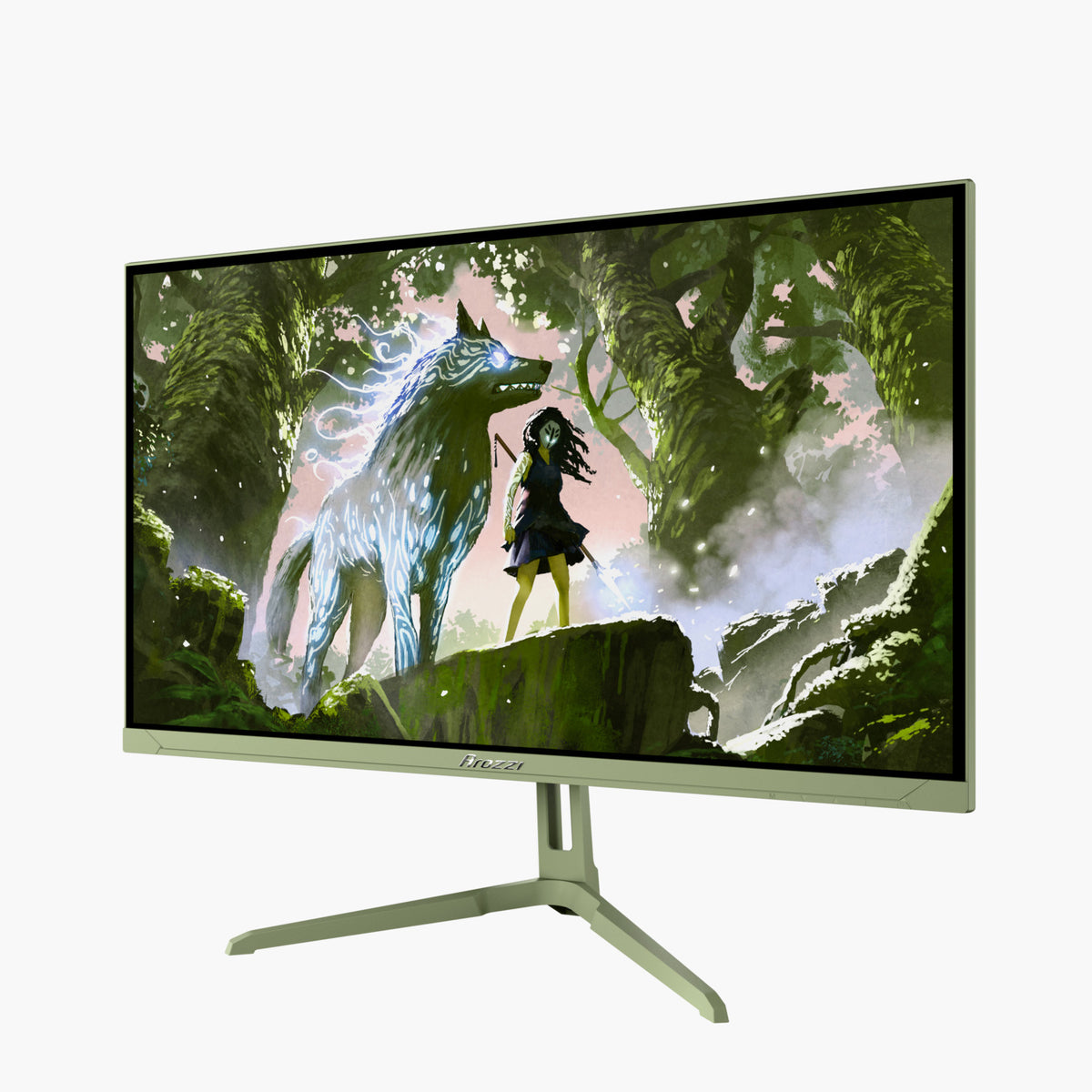 Arozzi Europe’s Nova 24″ IPS 200Hz monitor shows fantasy art of a girl and glowing wolf in forest.