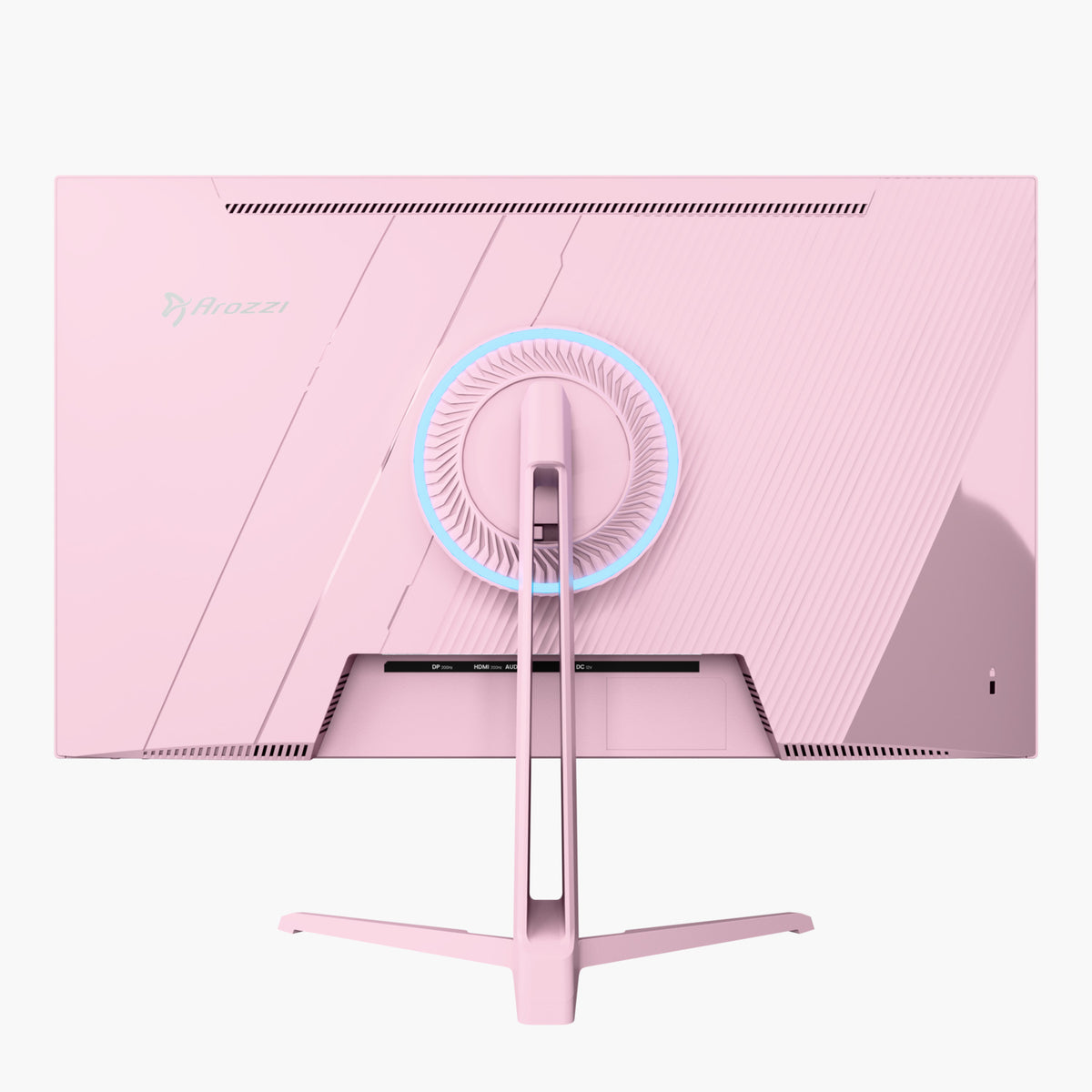 Arozzi Europe Nova 24″ IPS 200Hz Gaming Monitor in pink with RGB circle, rear view shown.