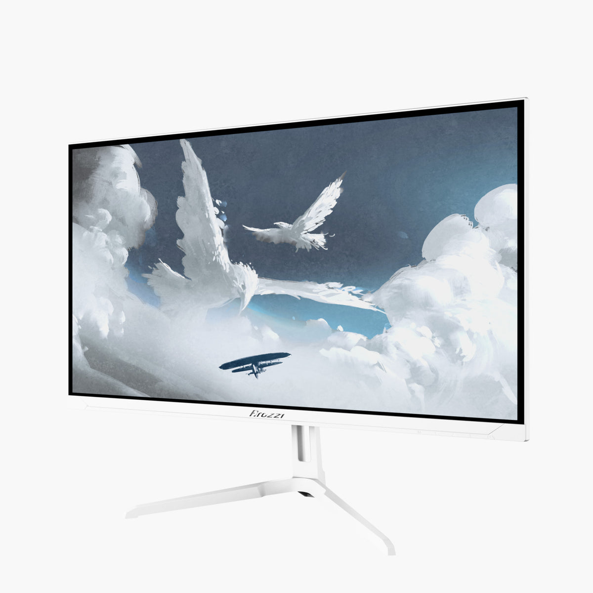 The Arozzi Europe Nova 24″ IPS 200Hz monitor displays digital art of birds in a blue sky.