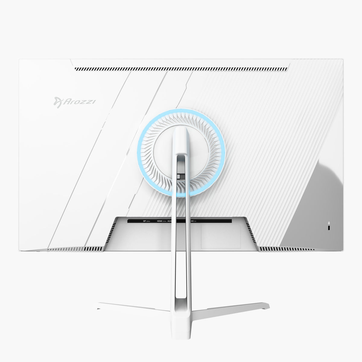 Arozzi Europe Nova 24″ IPS 200Hz gaming monitor, rear view shows blue-lit circular accent.