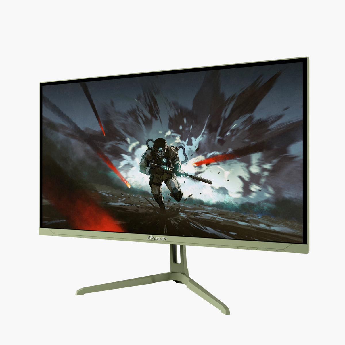 Arozzi Nova 25″ E-sport IPS 400Hz monitor shows an armored soldier in explosive action scenes.