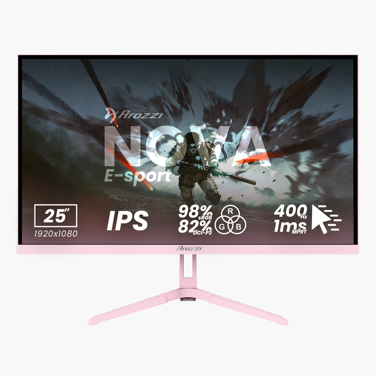 Arozzi Nova 25″ Pink IPS 400Hz gaming monitor, 1080p, 98% RGB, 400 nits, 1ms for esports.