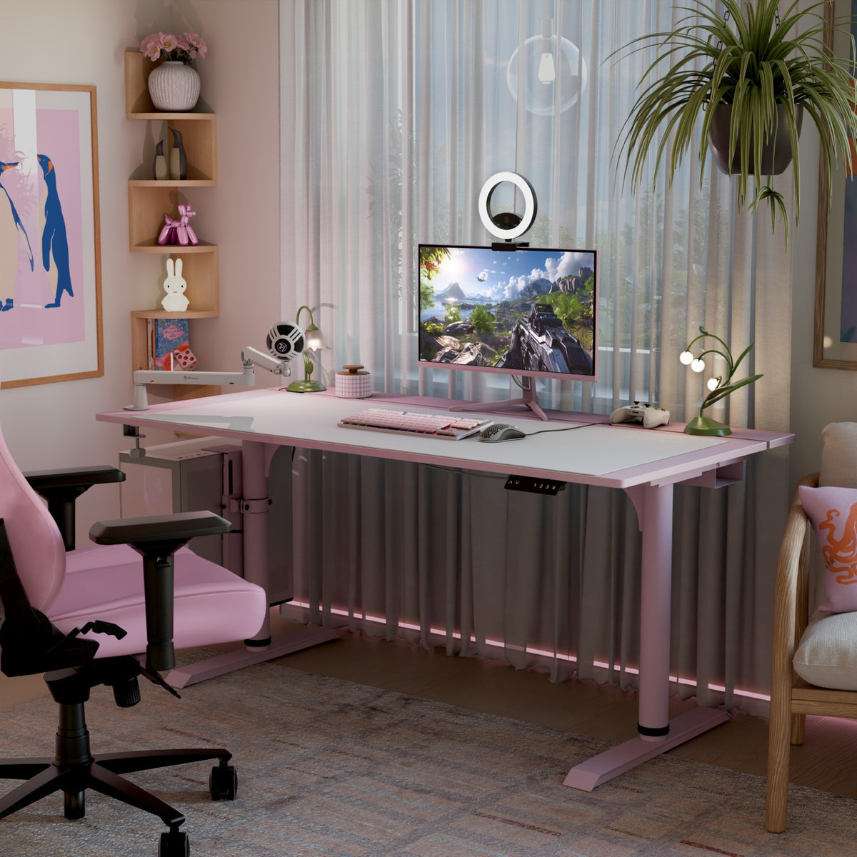 A pink desk features the Arozzi Nova 25″ E-sport 400Hz monitor with 1ms response in a cozy room.