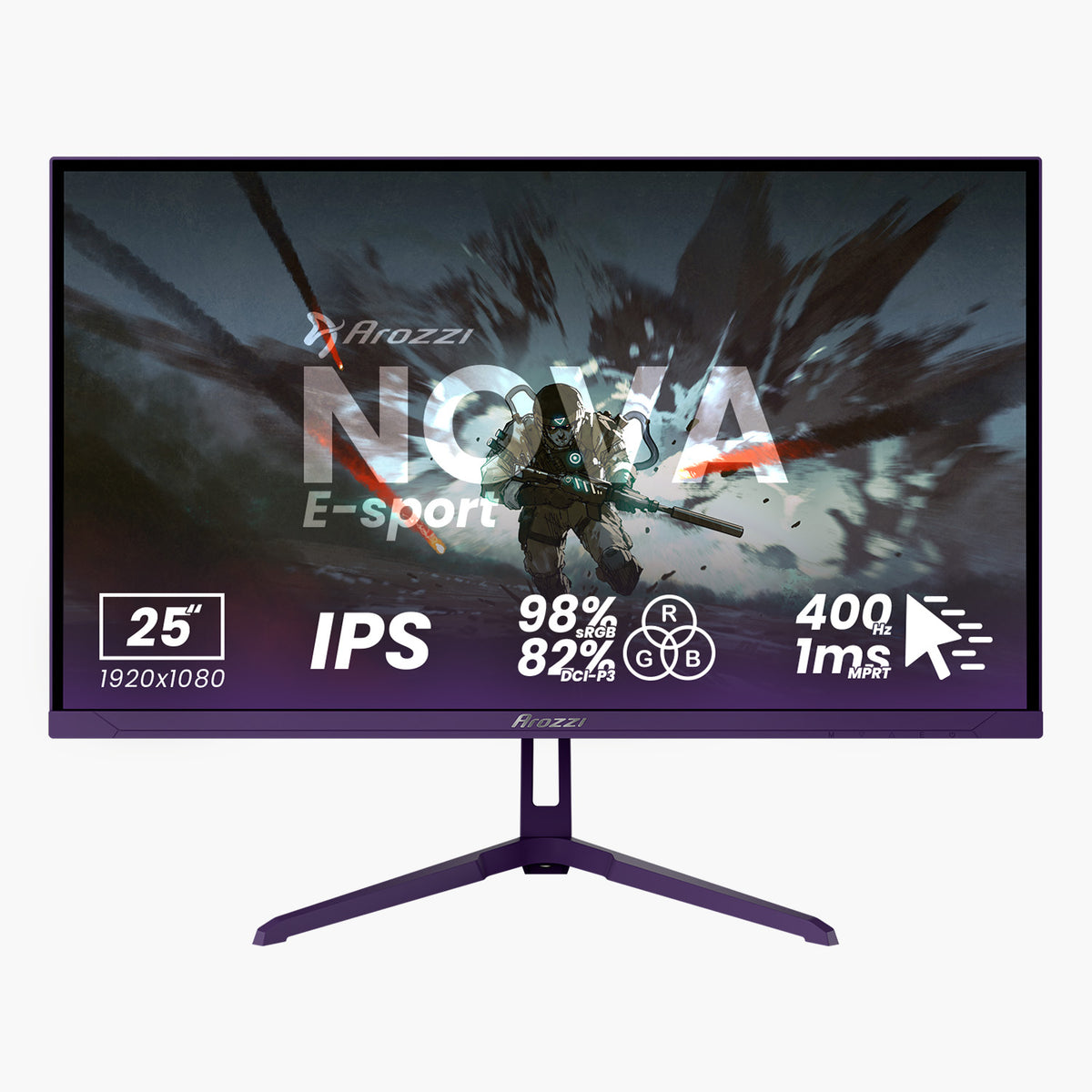 Arozzi Europe Nova 25″ E-sport IPS 400Hz gaming monitor, purple, 1ms response time.