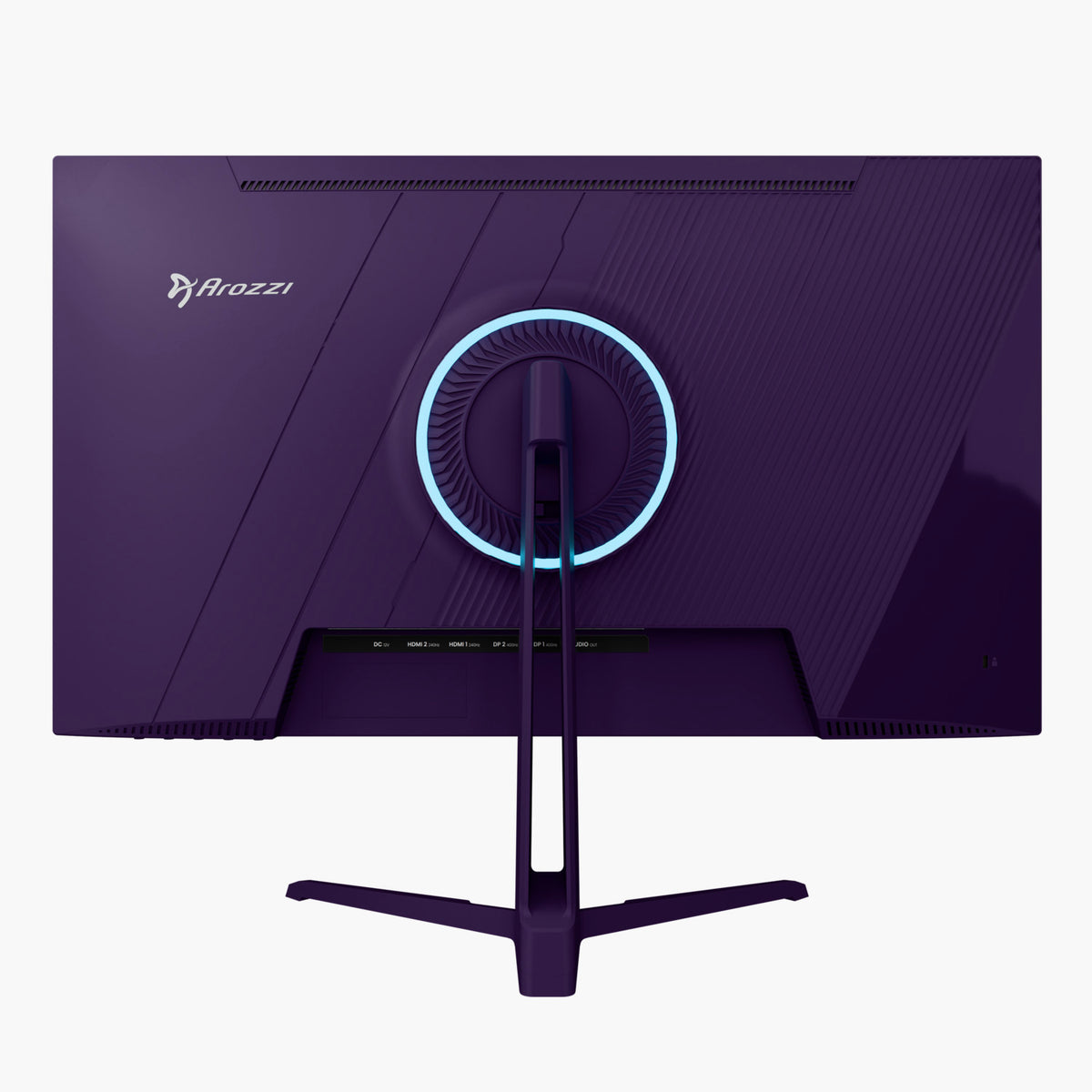 Rear view of a purple Arozzi Europe Nova 25″ E-sport IPS 400Hz gaming monitor with blue LED ring.