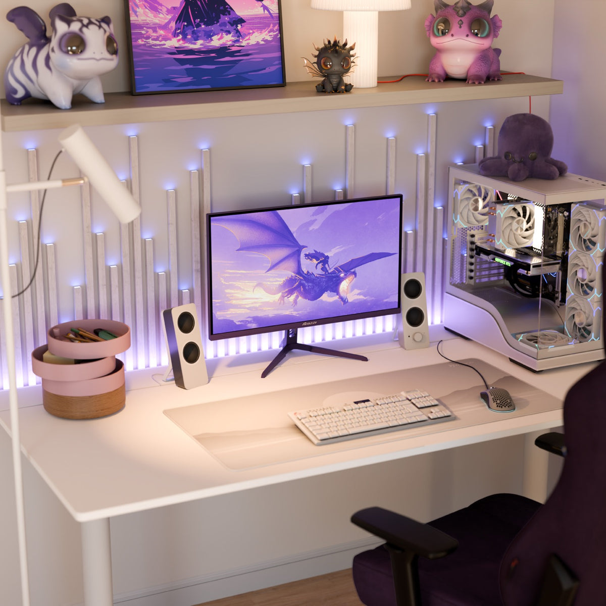 Pastel desk setup with dragon decor, PC, and Arozzi Nova 25” 400Hz E-sport monitor with purple LEDs.