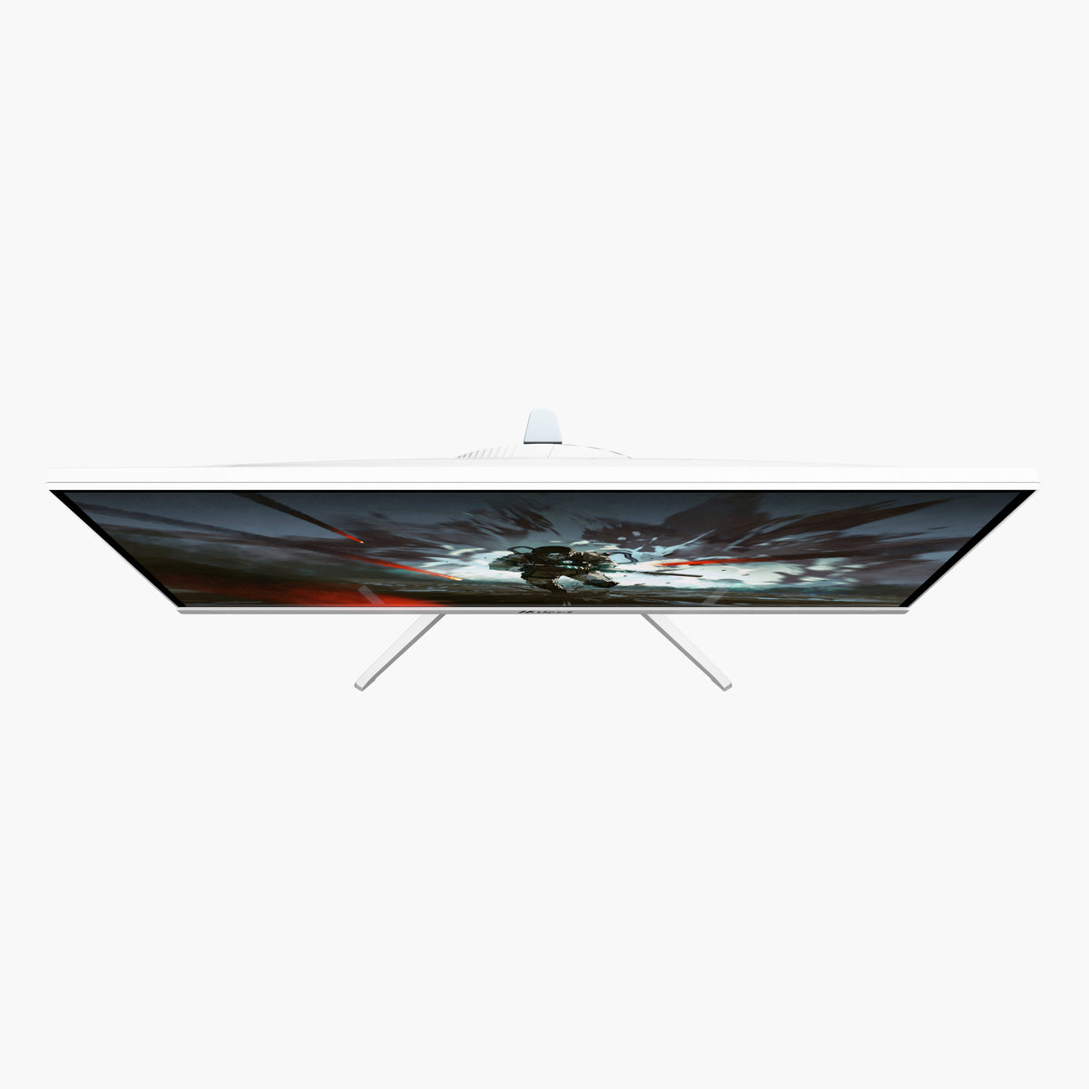 Arozzi Europe Nova 25″ E-sport IPS 400Hz gaming monitor in white, top-down angle, game on screen.