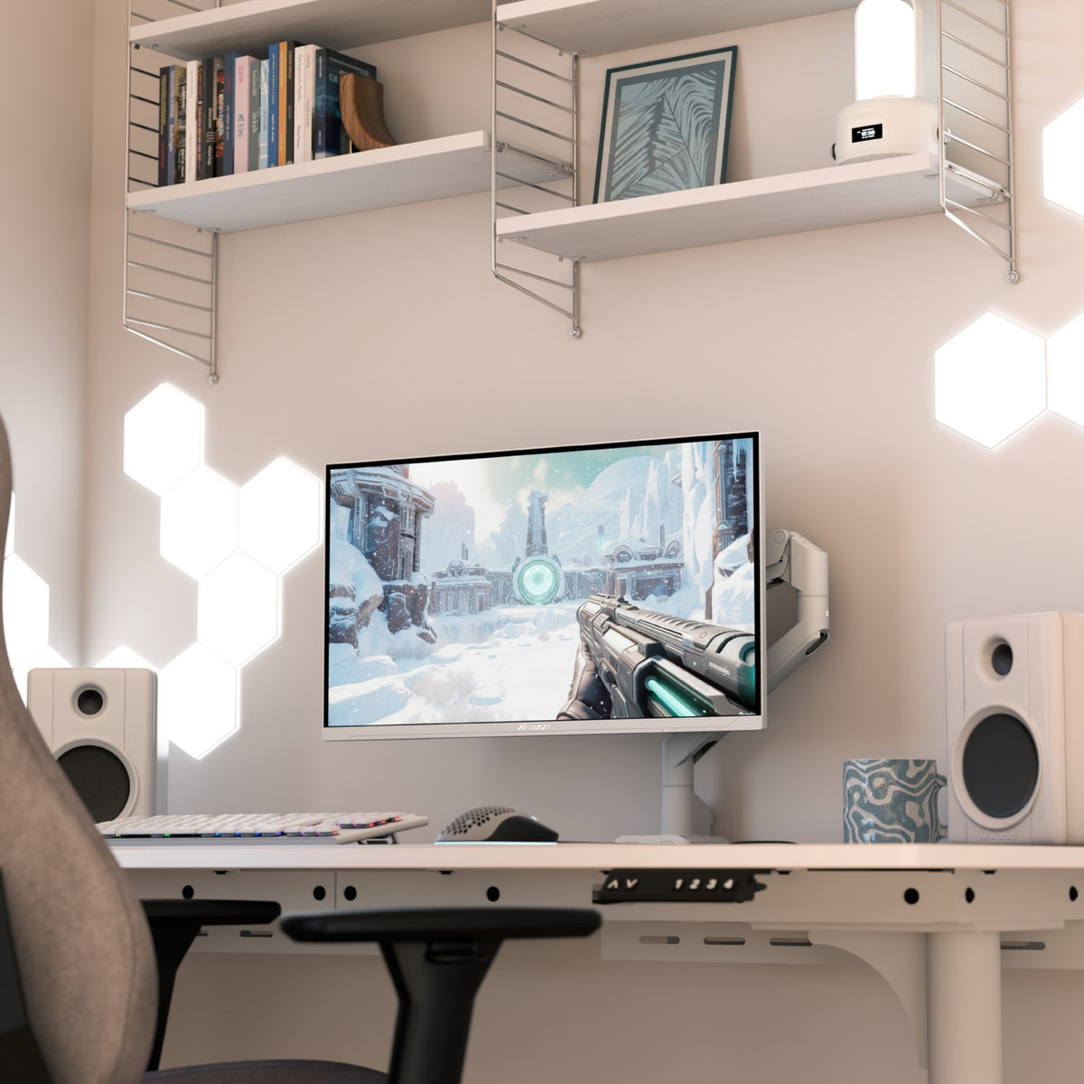 Modern desk with Arozzi Nova 25″ E-sport IPS 400Hz monitor and shelves above.
