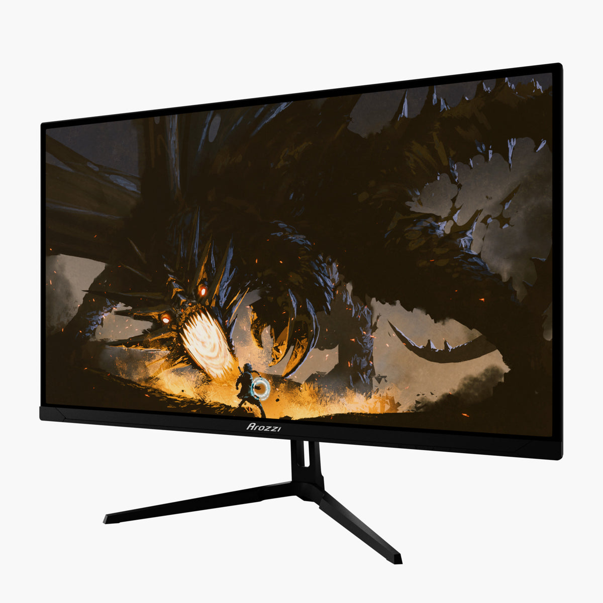 Arozzi Europe Nova 27″ IPS 180Hz shows a gamer confronting a dragon in vivid QHD detail.