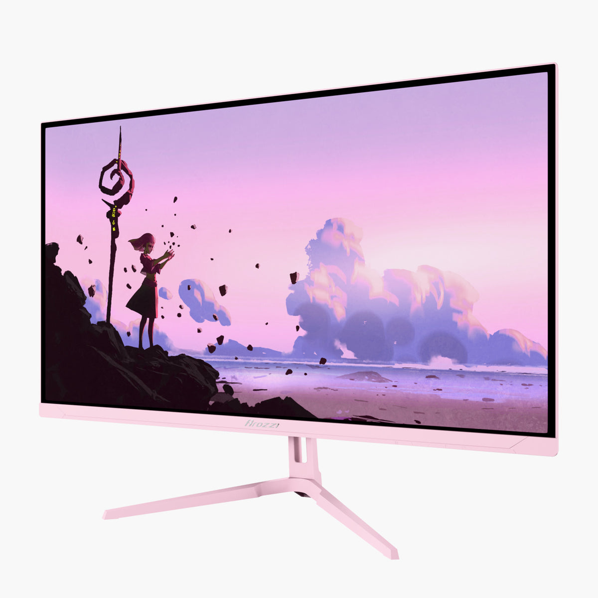 Arozzi Europe Nova 27″ IPS 180Hz monitor shows digital art: girl with staff by sea at sunset.