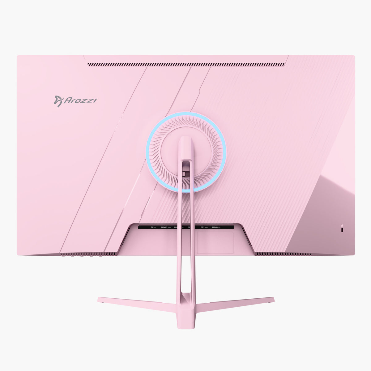 Arozzi Europe Nova 27″ IPS 180Hz gaming monitor, back view with circular LED around the stand.