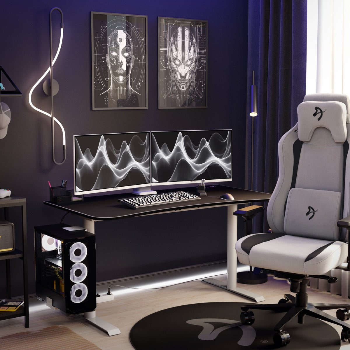 Dual Arozzi Europe Nova 27″ 180Hz IPS monitors, LED lights, and wall art for gaming setup.