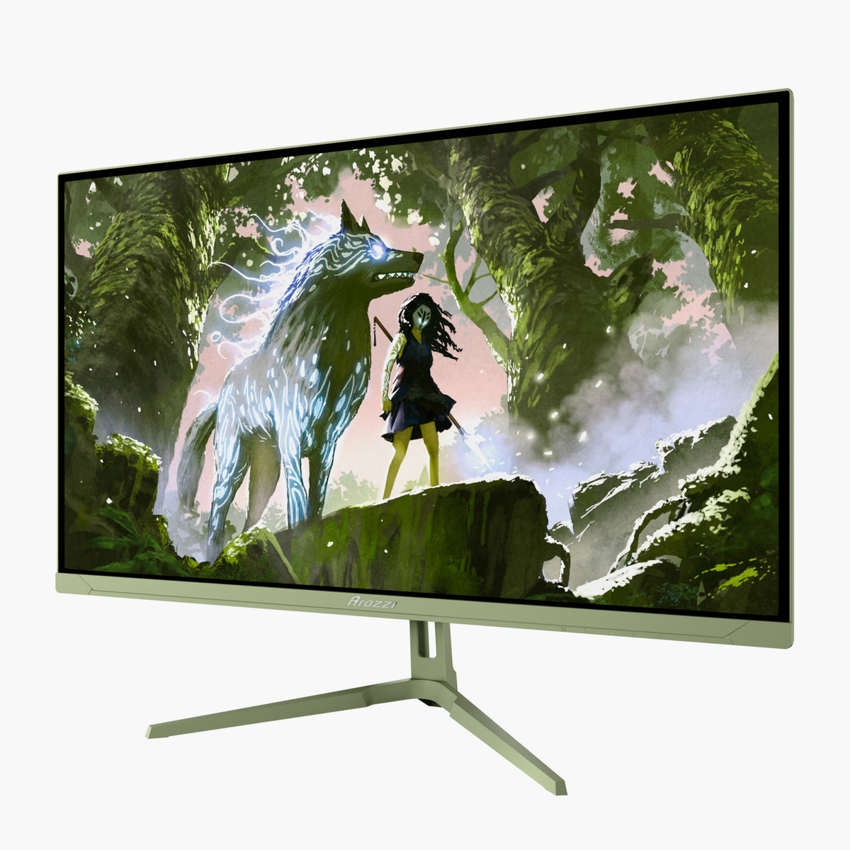 The Arozzi Nova 27″ QHD Gaming Monitor shows fantasy art of a girl and glowing wolf in a forest.