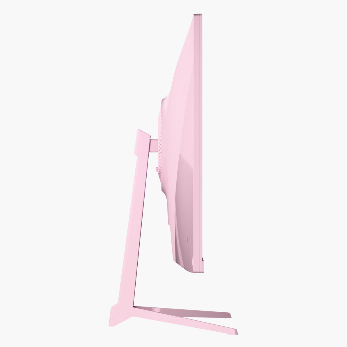 Side of pink Arozzi Europe Nova 27″ IPS 260Hz gaming monitor with slim stand on white background.