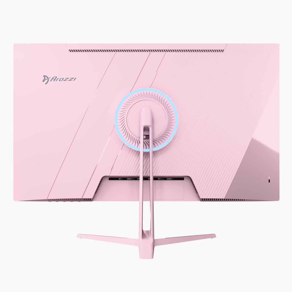 Rear view of Arozzi Europe Nova 27″ IPS 260Hz pink gaming monitor with round light and stand.