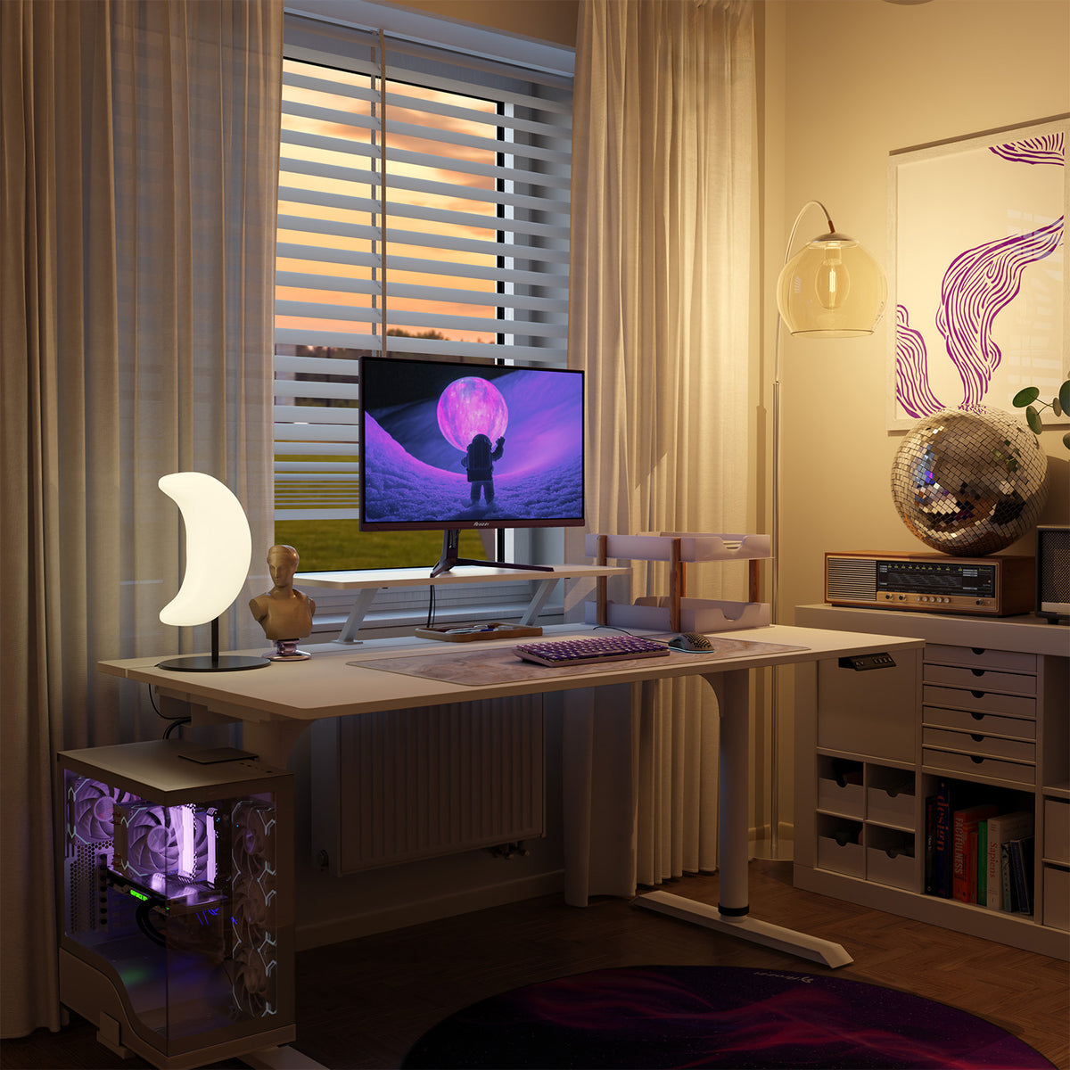 Modern desk with Arozzi Nova 27″ 260Hz monitor, moon lamp, and decor by window at sunset.