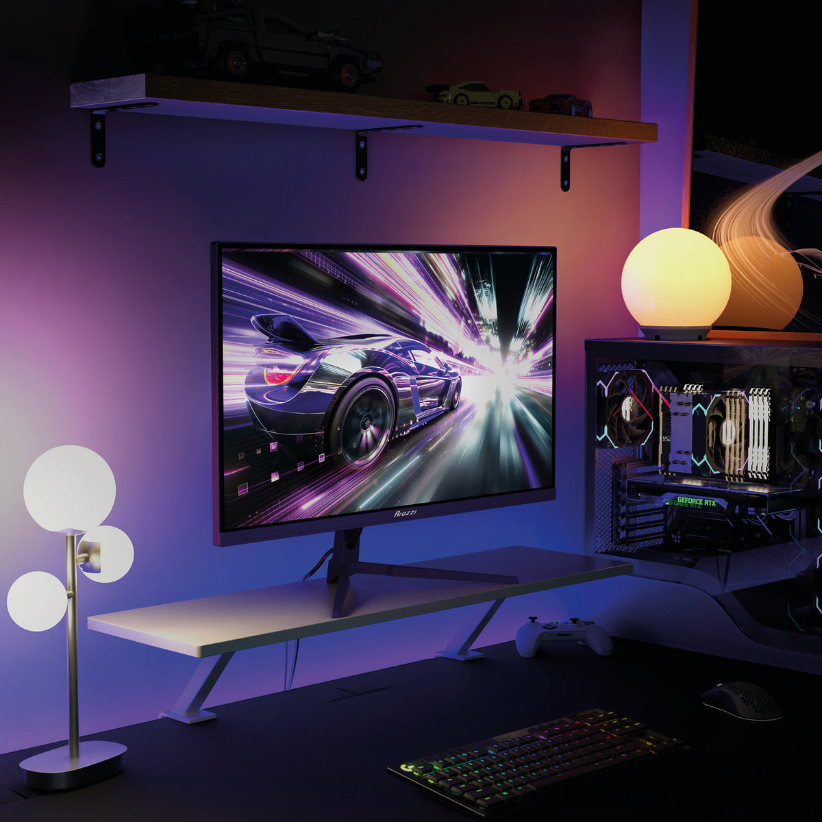 Nova 27” IPS 260Hz monitor by Arozzi Europe, RGB desk setup, PC, and lamps in a dark room.