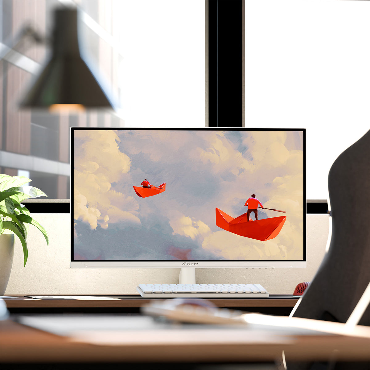 Arozzi Europe Nova 27″ IPS 260Hz gaming monitor on desk shows sky art.
