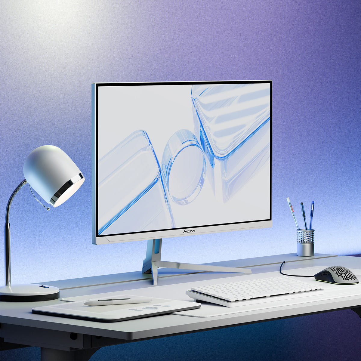 Sleek setup with Arozzi Nova 27″ 260Hz gaming monitor, lamp, keyboard, mouse, and gradient wall.