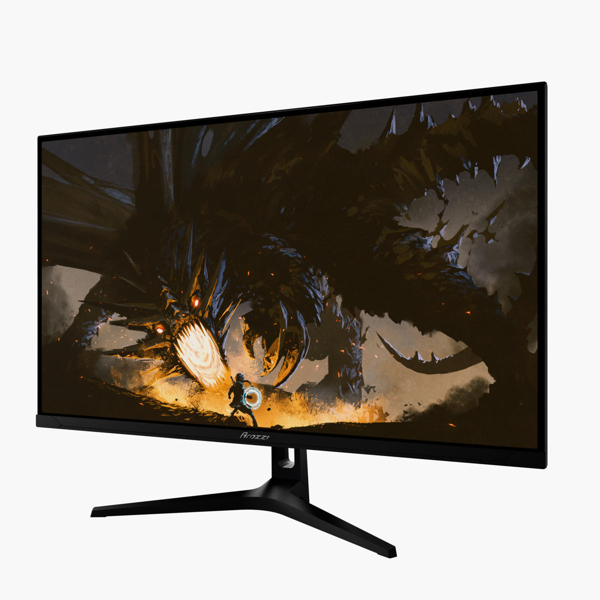 The Arozzi Nova 32″ IPS 180Hz monitor displays a fantasy battle with a massive dragon.