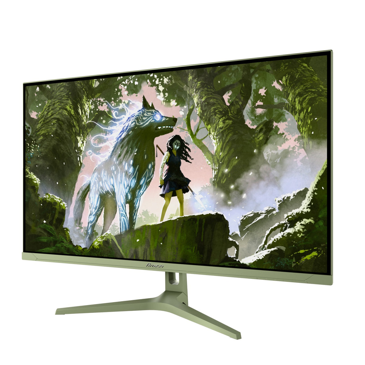 Arozzi Europe Nova 32″ IPS 180Hz shows fantasy art: girl & glowing creature in a forest.