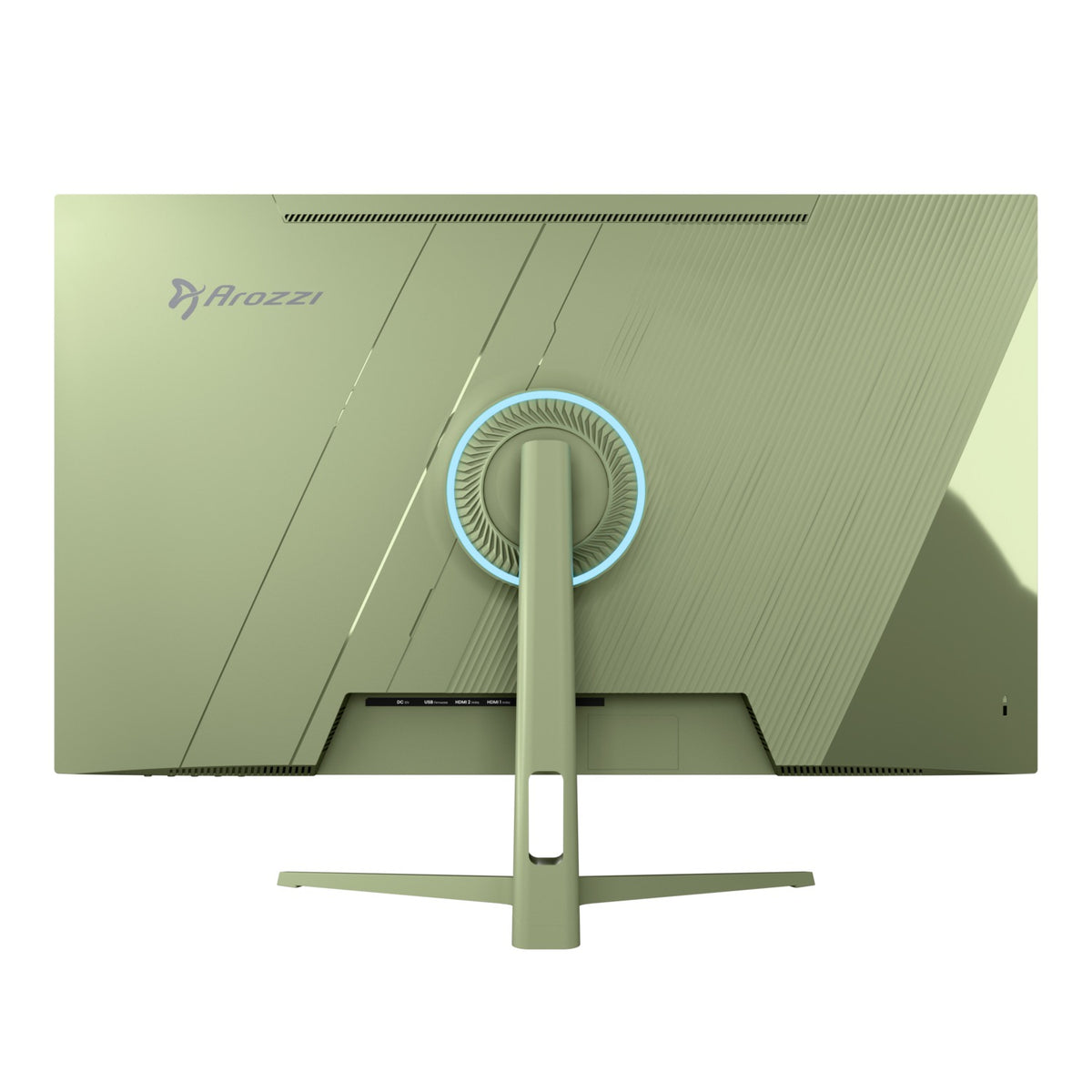 Arozzi Europe Nova 32″ IPS 180Hz gaming monitor, green, rear view with stand and logo visible.