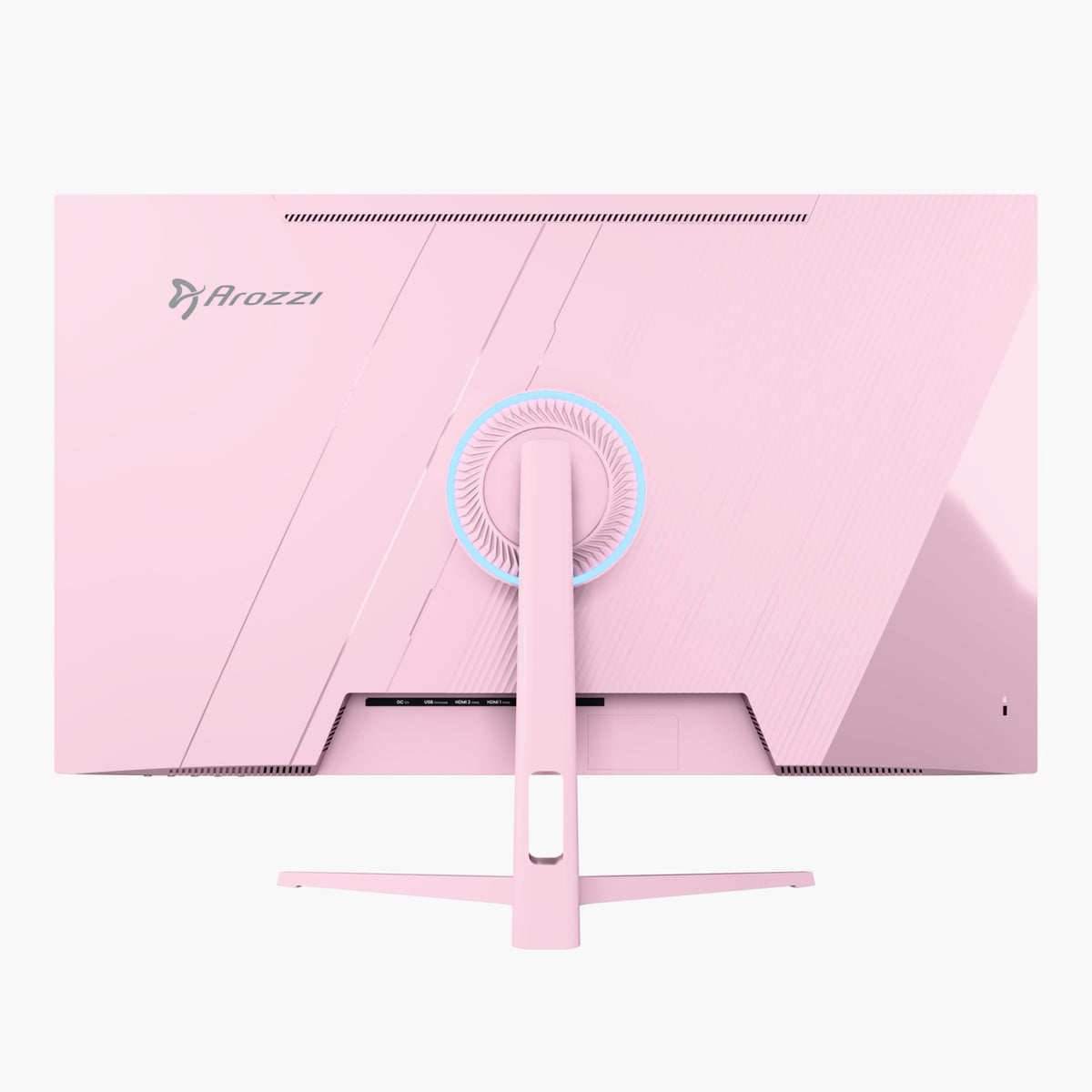 Back view of Arozzi Europe Nova 32″ IPS Gaming Monitor in pink, QHD, 180Hz, with circular stand.
