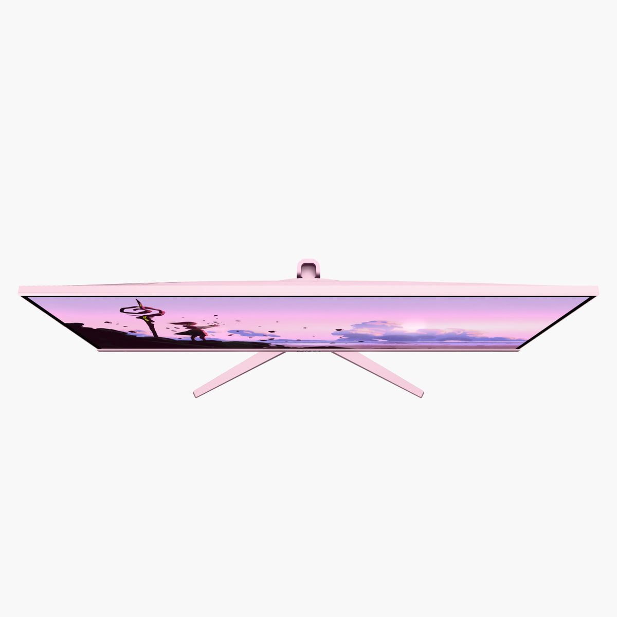 Arozzi Europe Nova 32″ IPS 180Hz monitor in pink, top view with clouds and windmill onscreen.