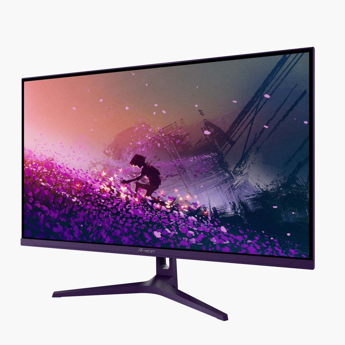Nova 32” IPS Gaming Monitor by Arozzi shows digital art of a person in purple flower fields.