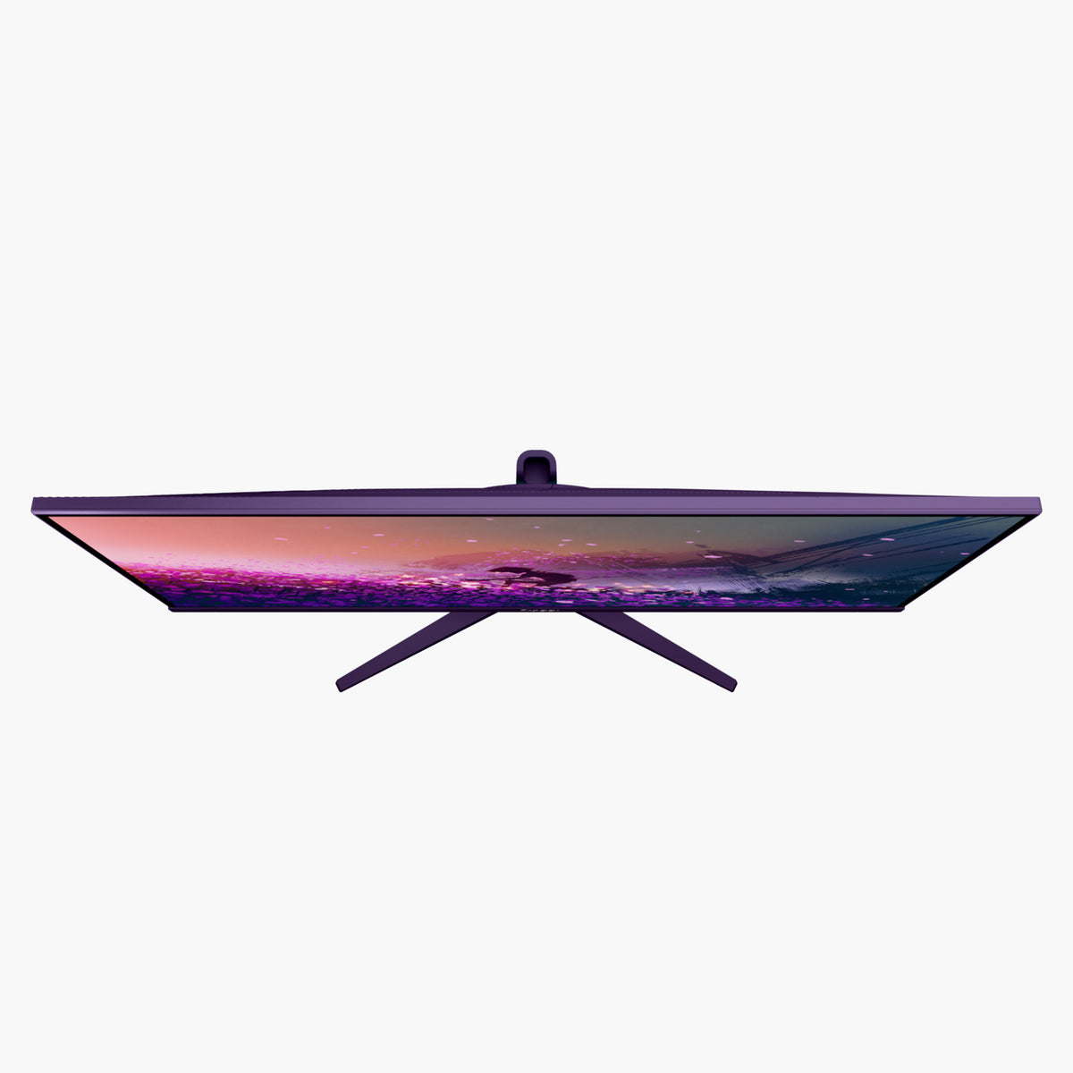 Arozzi Europe Nova 32″ IPS 180Hz monitor seen from above, showing a vivid pink-purple seascape.