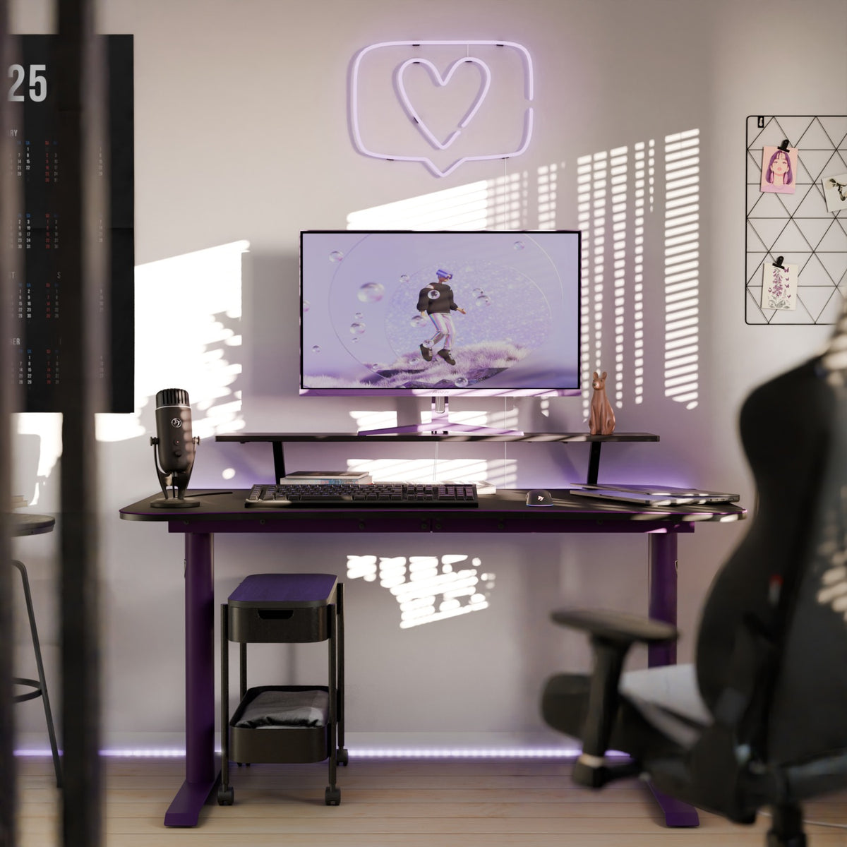 Modern desk with Arozzi Europe Nova 32″ IPS 180Hz monitor, neon heart sign, and sunlight.