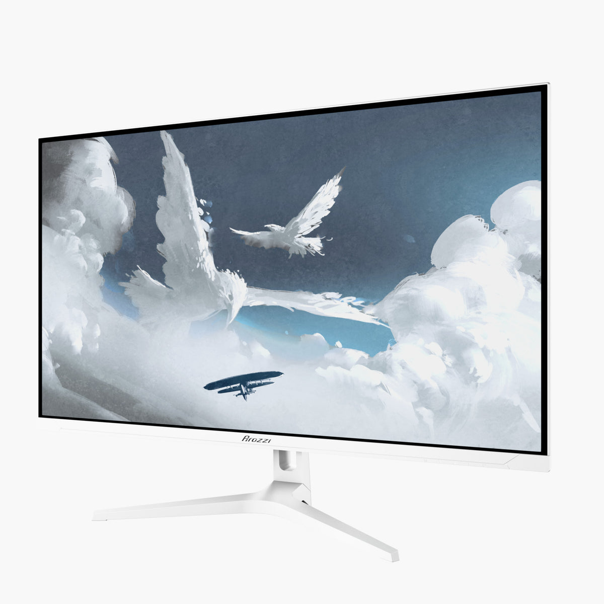 Arozzi Europe’s Nova 32″ IPS 180Hz monitor displays white birds flying among clouds digital art.