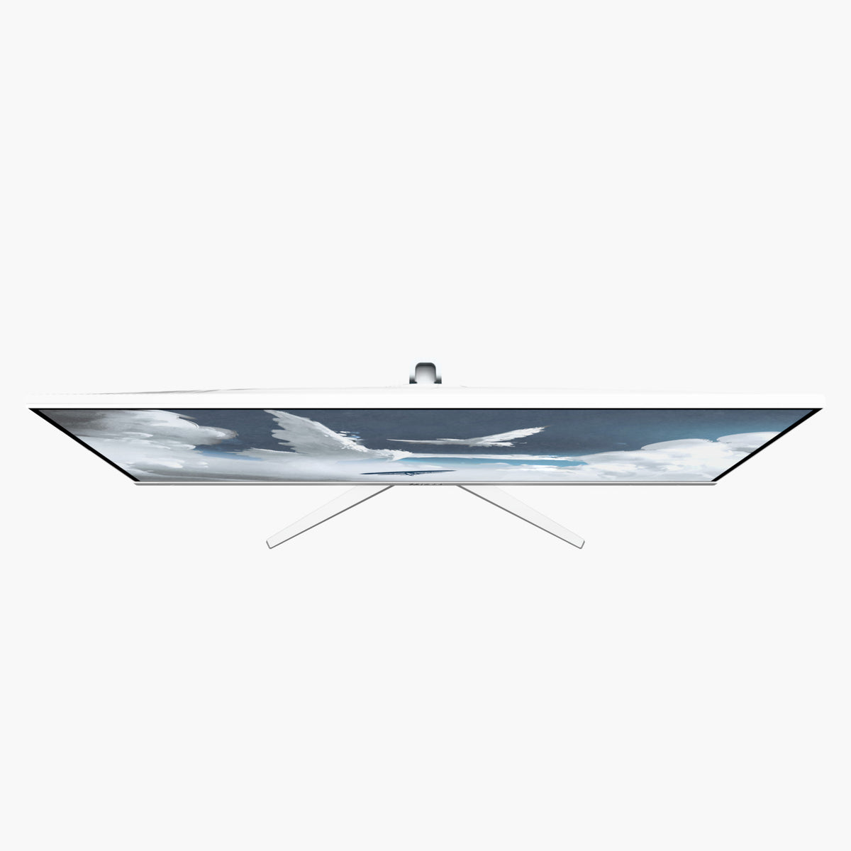 Arozzi Europe Nova 32″ IPS 180Hz gaming monitor, top view, clouds on screen, slim white stand.