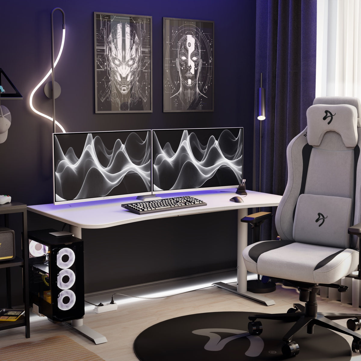 Dual monitors, including Arozzi Europe Nova 32″ IPS 180Hz Gaming Monitor, on a sleek desk.