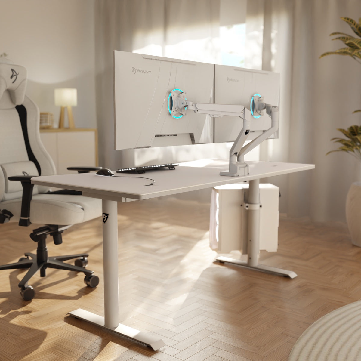 Minimalist white desk with dual Arozzi Europe Nova 32″ IPS 180Hz monitors, keyboard, mouse, chair.