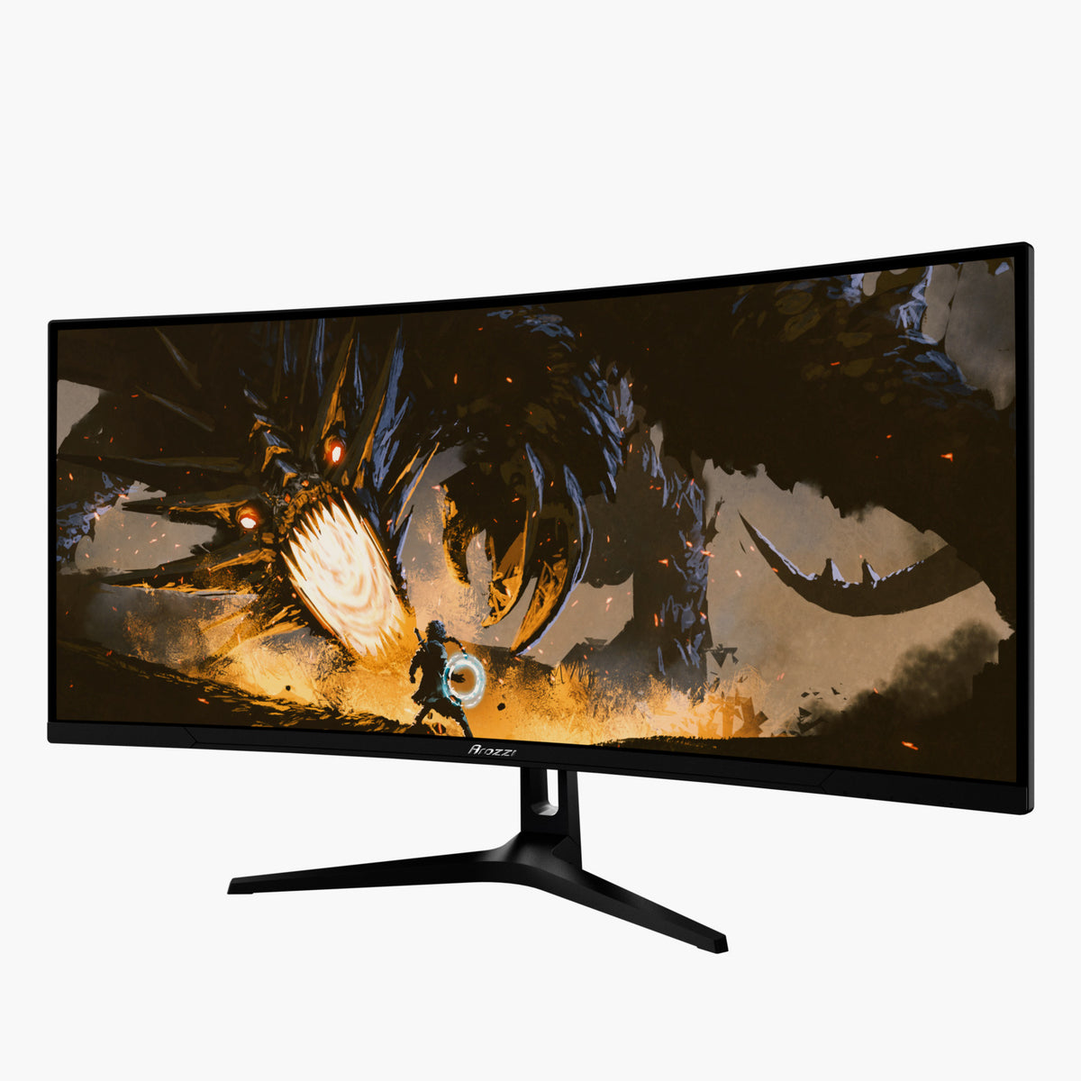 Arozzi Europe Nova 34″ Curved VA 165Hz gaming monitor shows fantasy warrior vs. dragon art.
