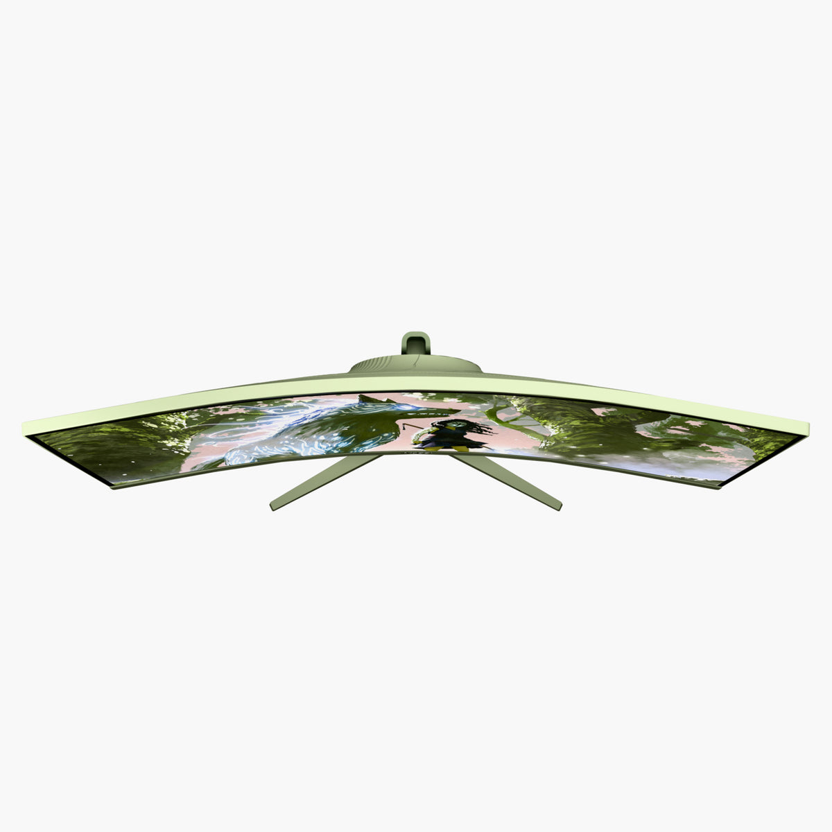 Arozzi Europe Nova 34” Curved VA 165Hz gaming monitor showing leafy scene in UWQHD, top view.