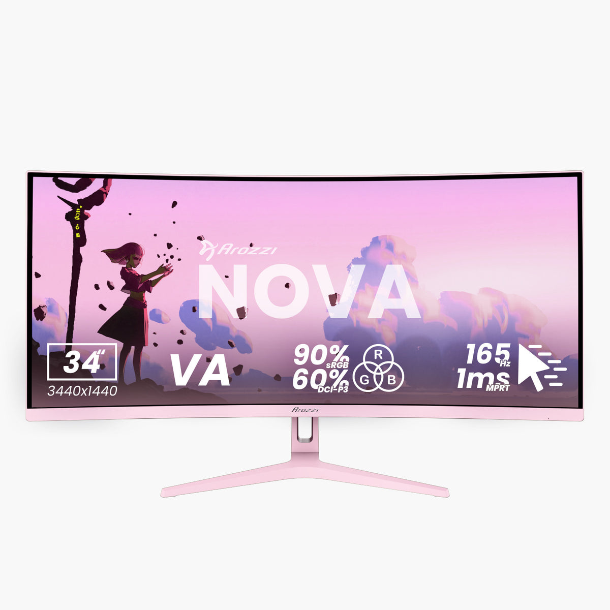 Arozzi Europe Nova 34″ Curved VA, UWQHD, 165Hz gaming monitor with advanced specs.