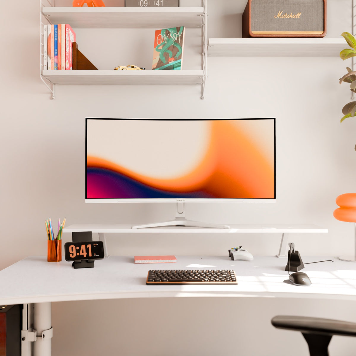 Minimalist desk with Arozzi Europe Nova 34″ Curved VA 165Hz gaming monitor, keyboard, clock.