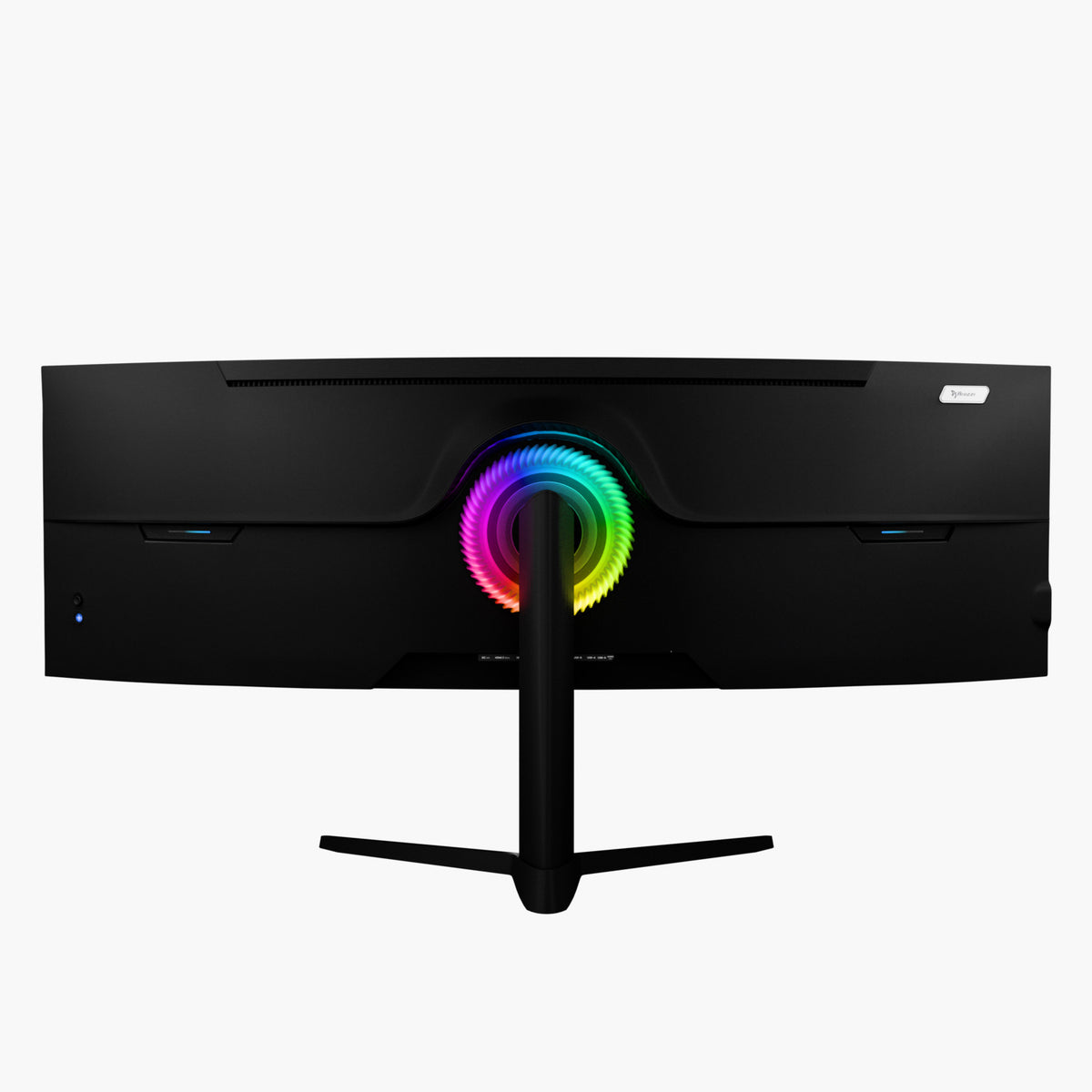 Arozzi Nova 49” Curved Ultrawide Gaming Monitor rear with RGB lighting on white background.