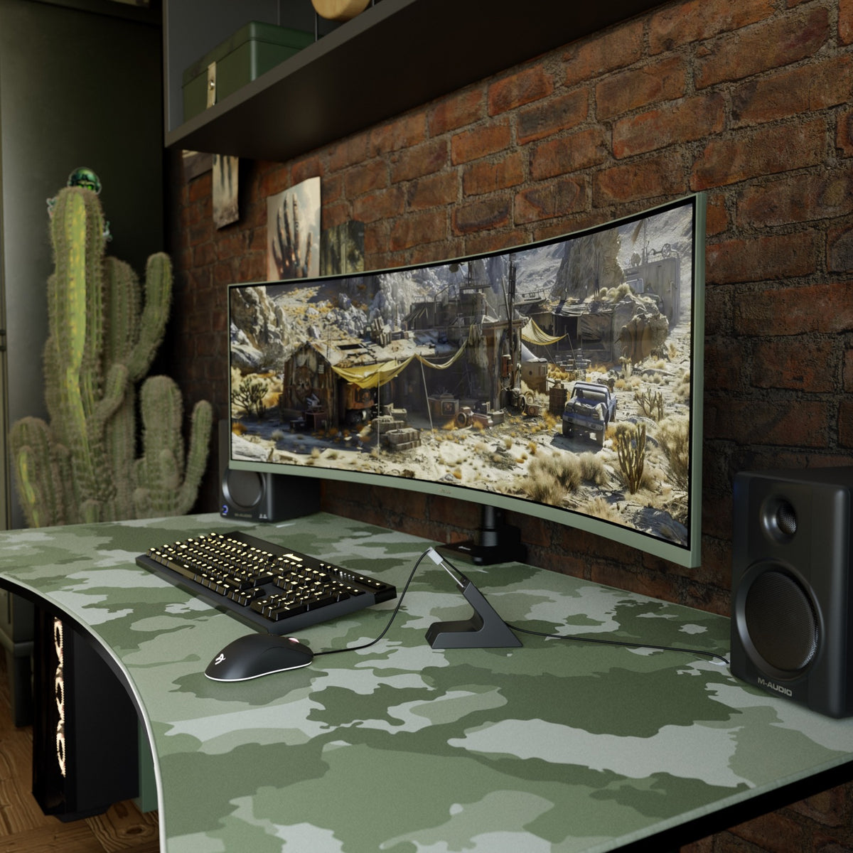 Arozzi Europe Nova 49” Curved VA 165Hz monitor on camo desk with speakers, keyboard, mouse, cactus.