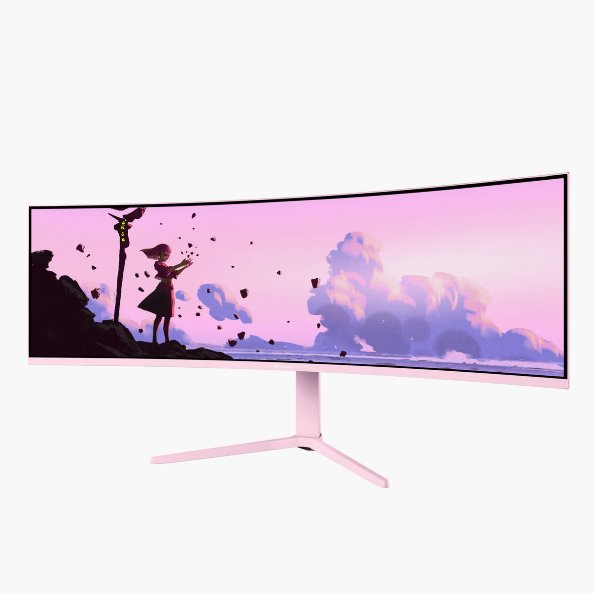 Arozzi Europe Nova 49″ Curved VA 165Hz Ultrawide monitor with pink & purple digital art display.