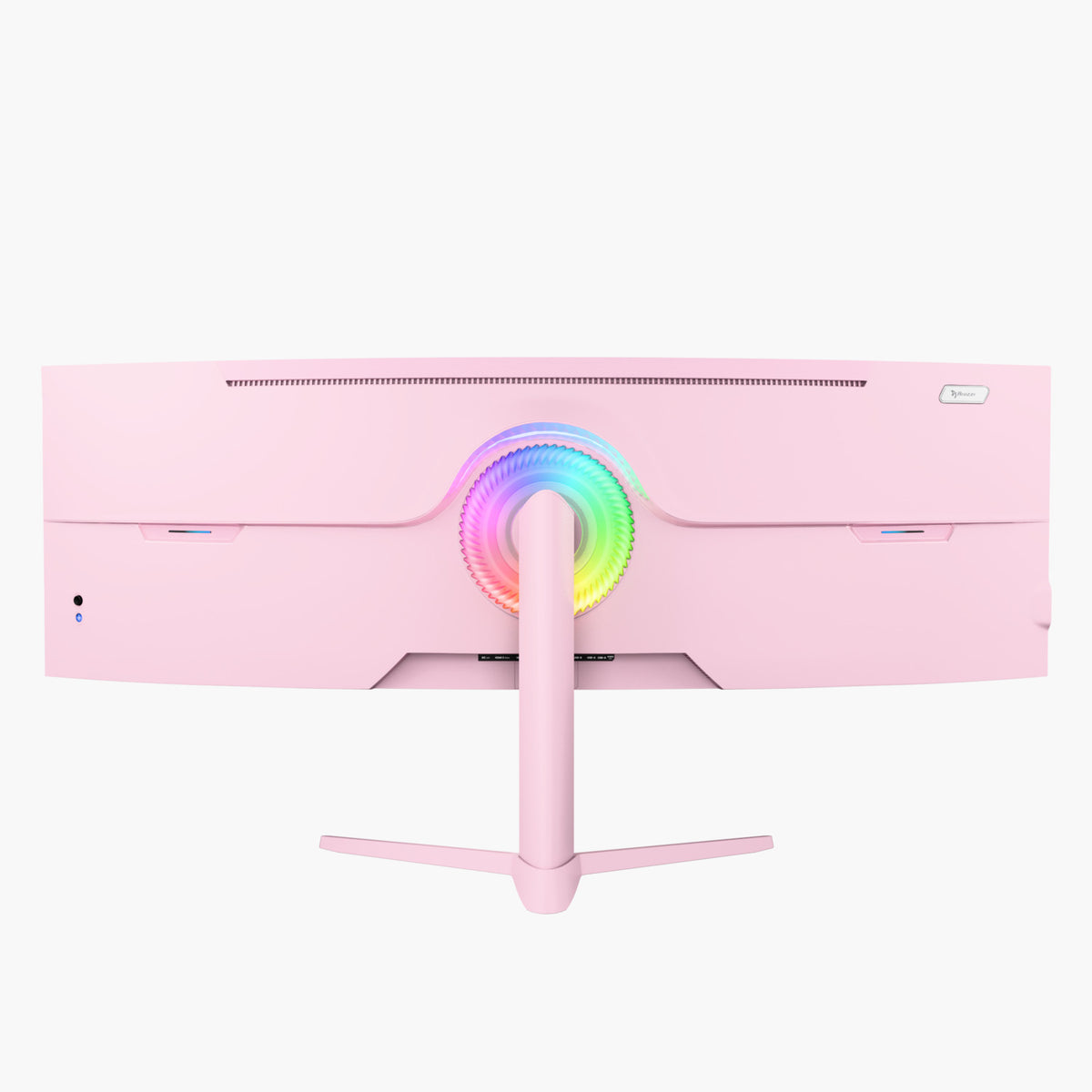 Back of Arozzi Europe Nova 49″ Curved VA 165Hz monitor with rainbow LED ring on stand.