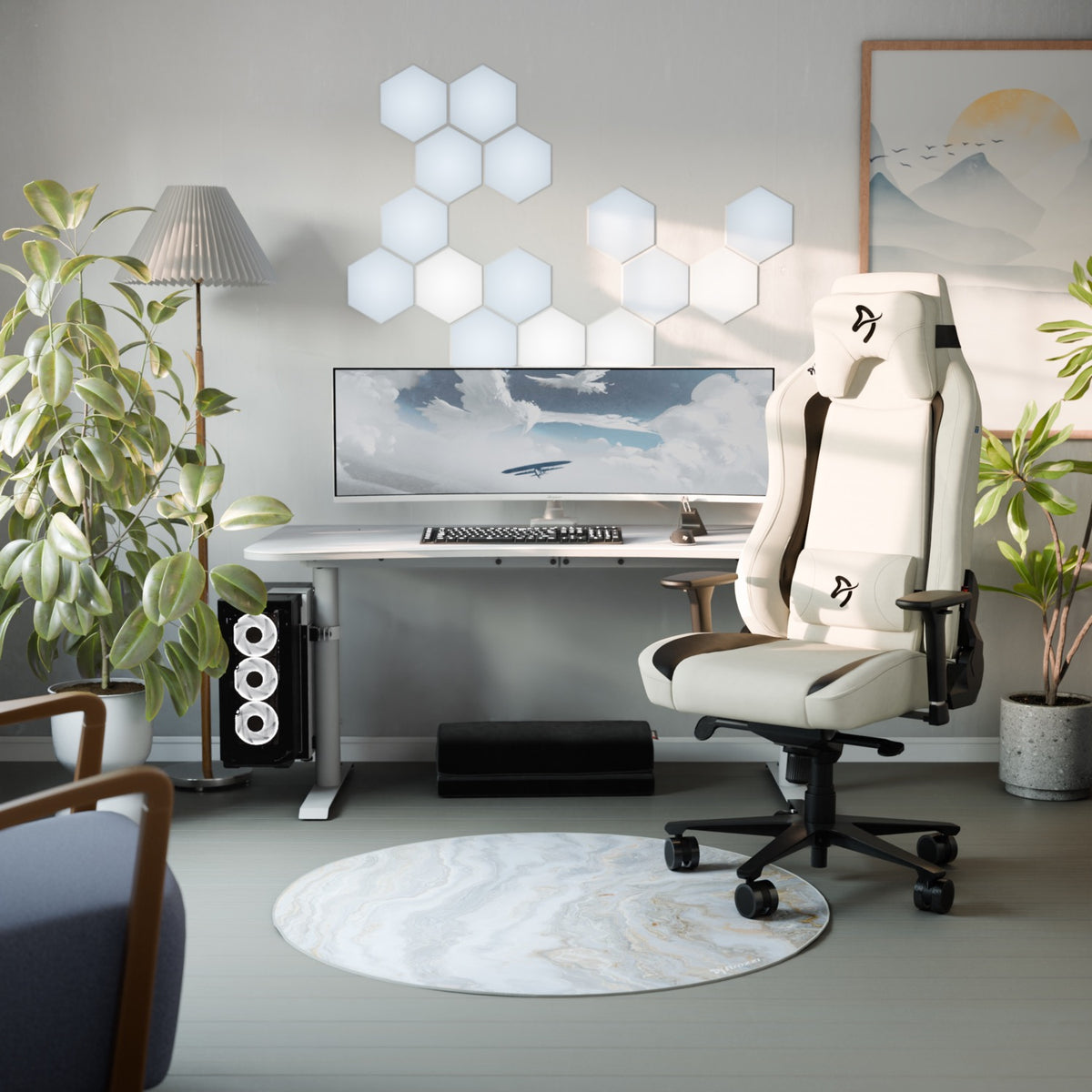 Modern setup with a white chair, plants, and the Arozzi Europe Nova 49” Curved VA 165Hz monitor.