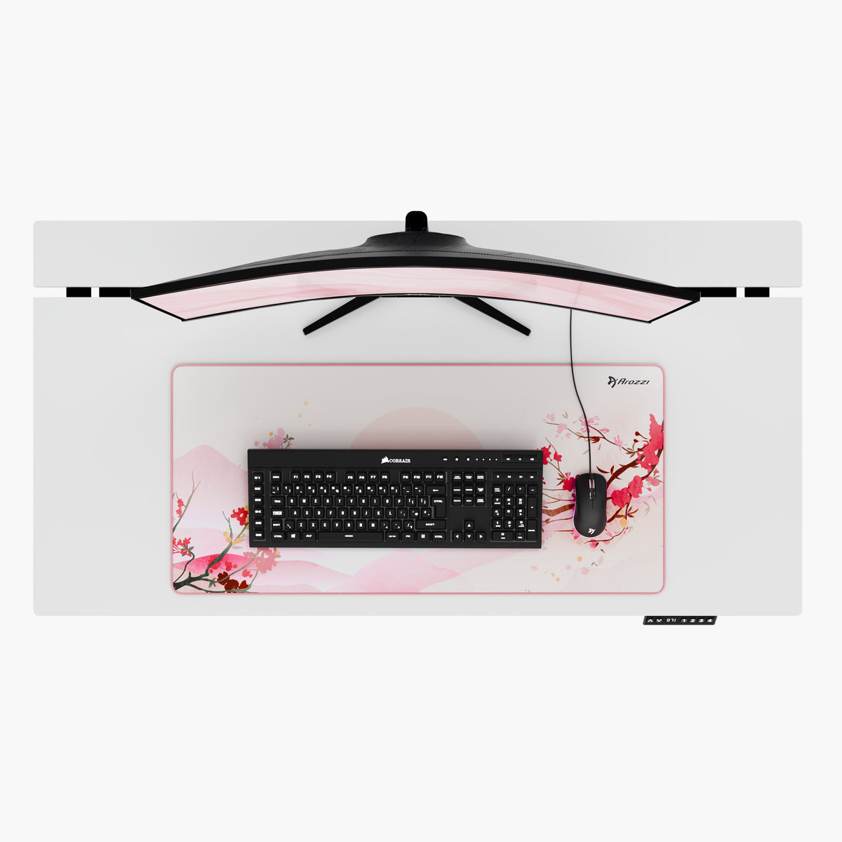 Curved monitor, keyboard & mouse on an Arozzi Europe Zona Mousepad - Extra Large, top view.