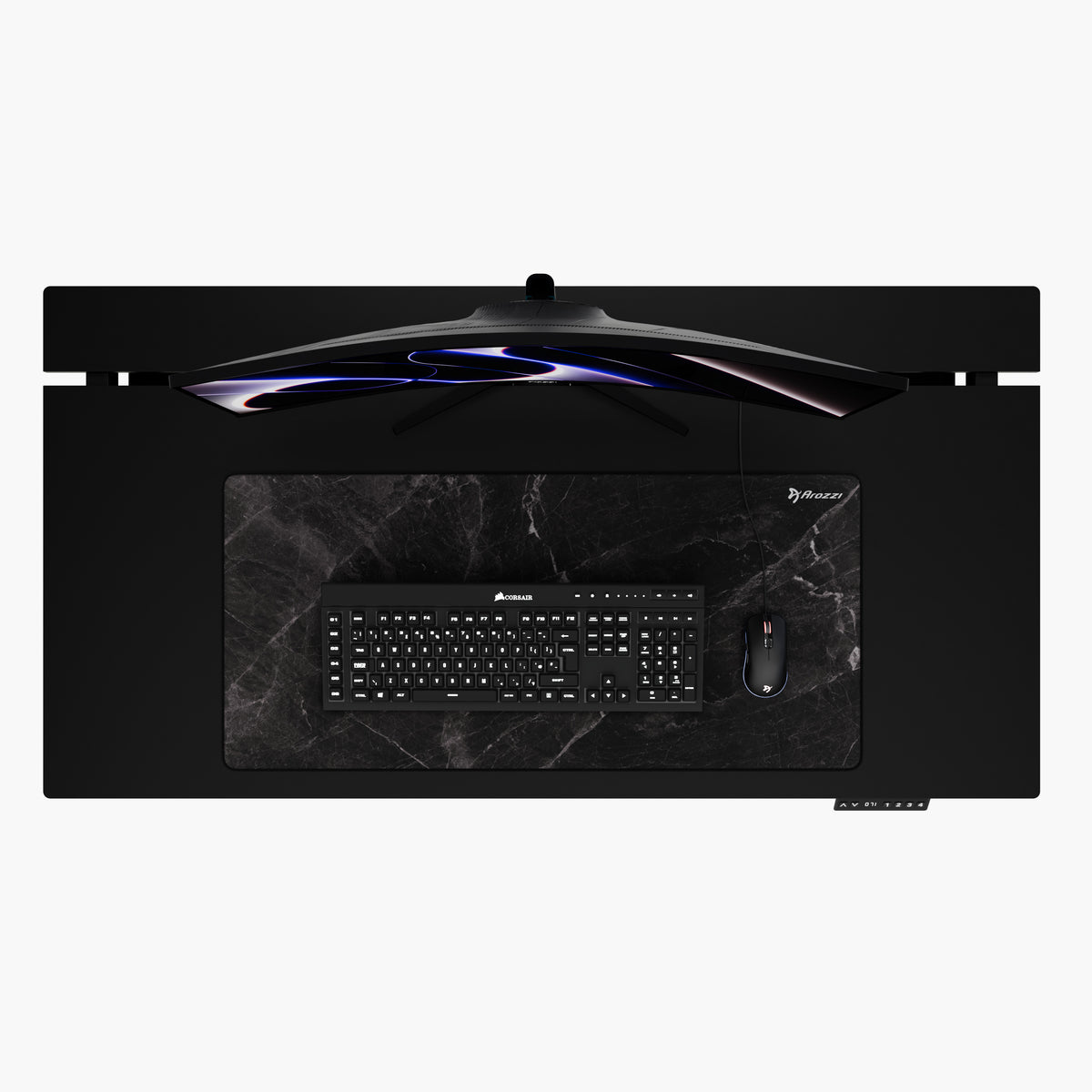 Top-down of black desk with monitor, keyboard, and Arozzi Europe Zona Mousepad - Extra Large.