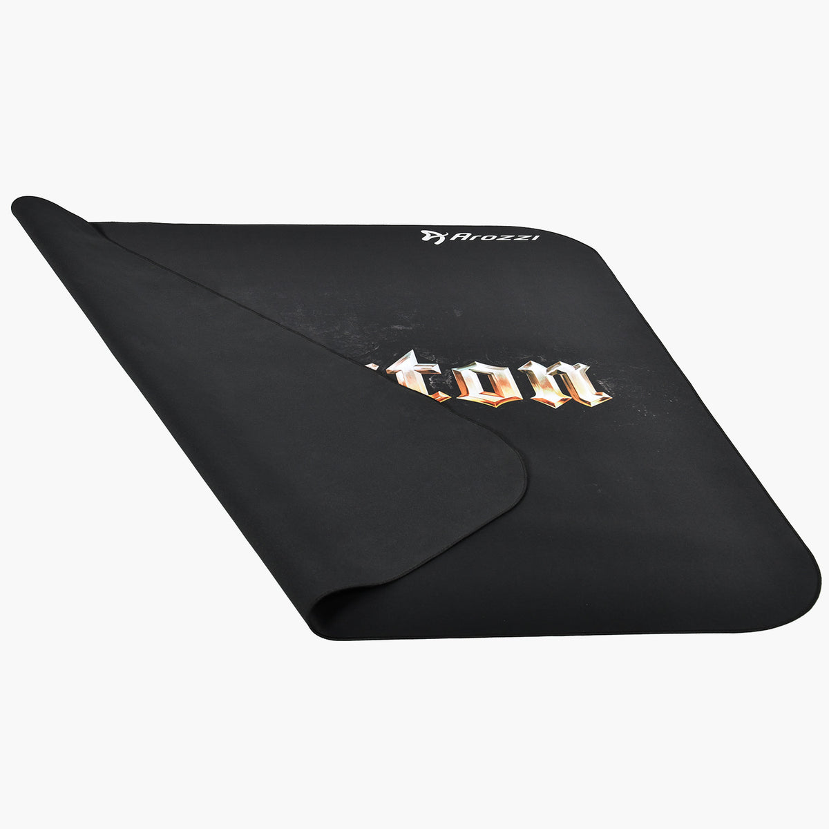 Arozzi Europe Zona Square Floor Pad—black, partial gothic text, corner lifted; office-ready.
