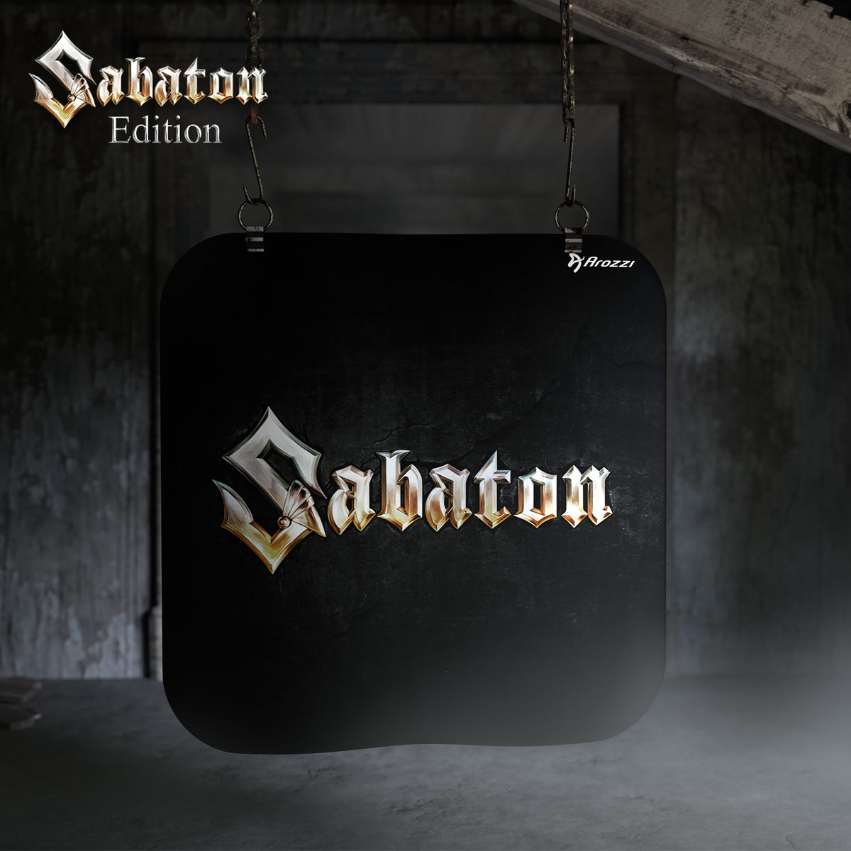 Zona Square Floor Pad - Sabaton Edition by Arozzi Europe under a chair in a dark room.